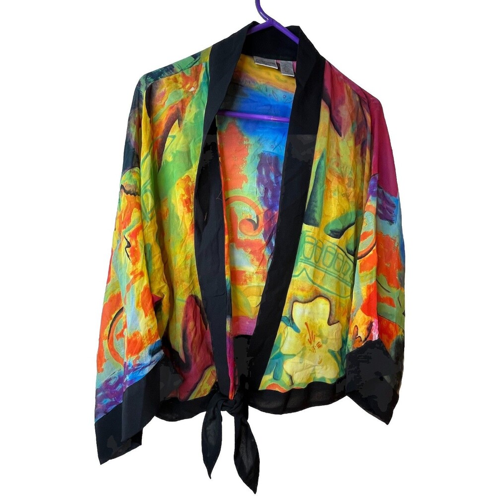 Chicos 100% Silk Natural Fibers Art Paint Print Tie Front Cardigan sz 1 / M / 8